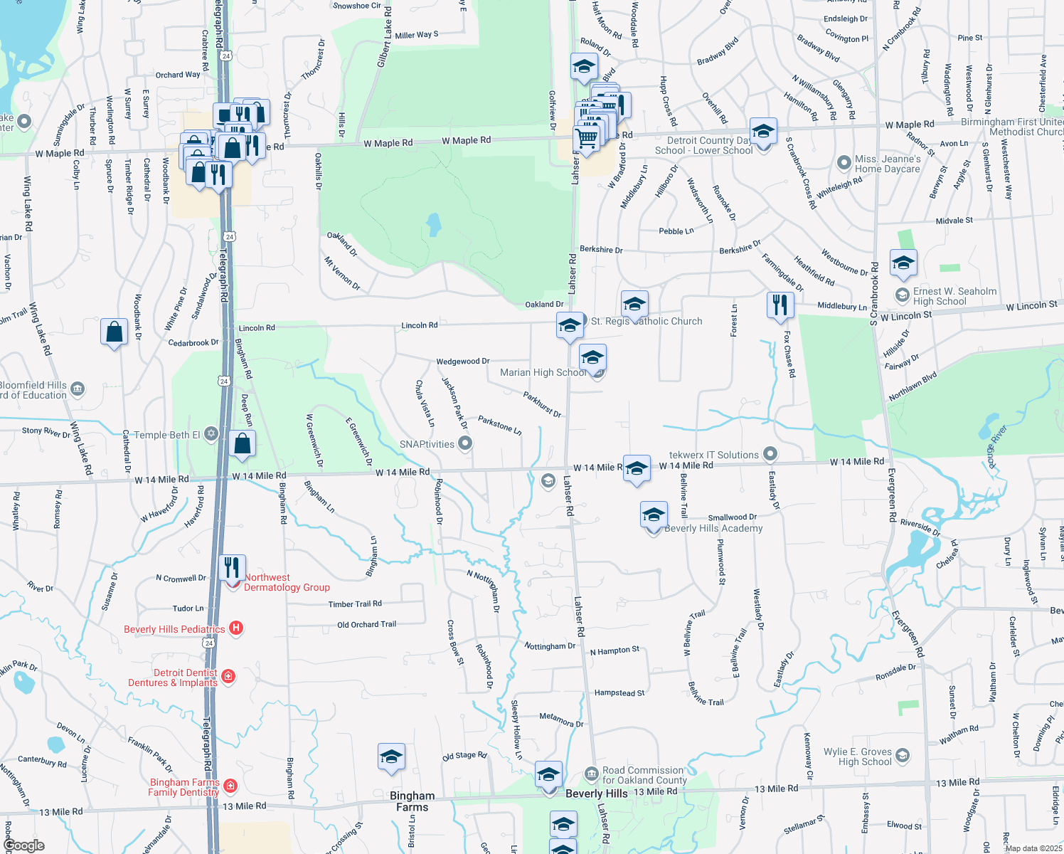 map of restaurants, bars, coffee shops, grocery stores, and more near 7435 Parkstone Lane in Bloomfield Hills