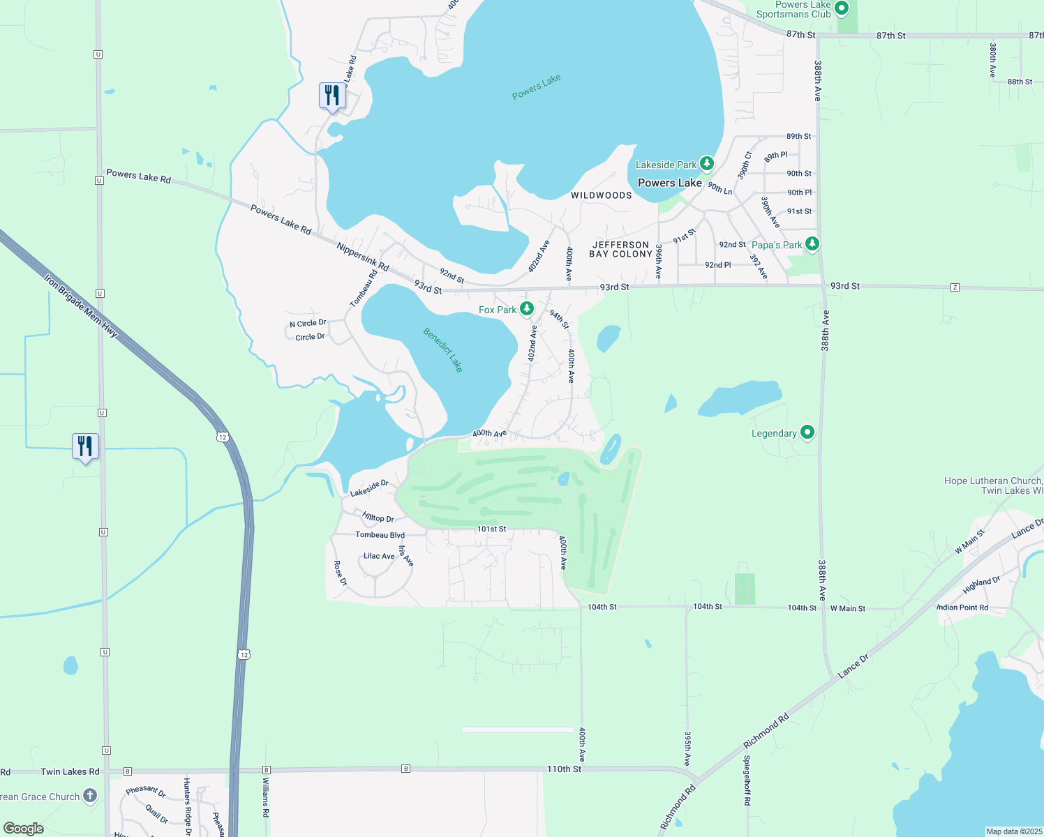 map of restaurants, bars, coffee shops, grocery stores, and more near 9631 402nd Ave in Genoa City