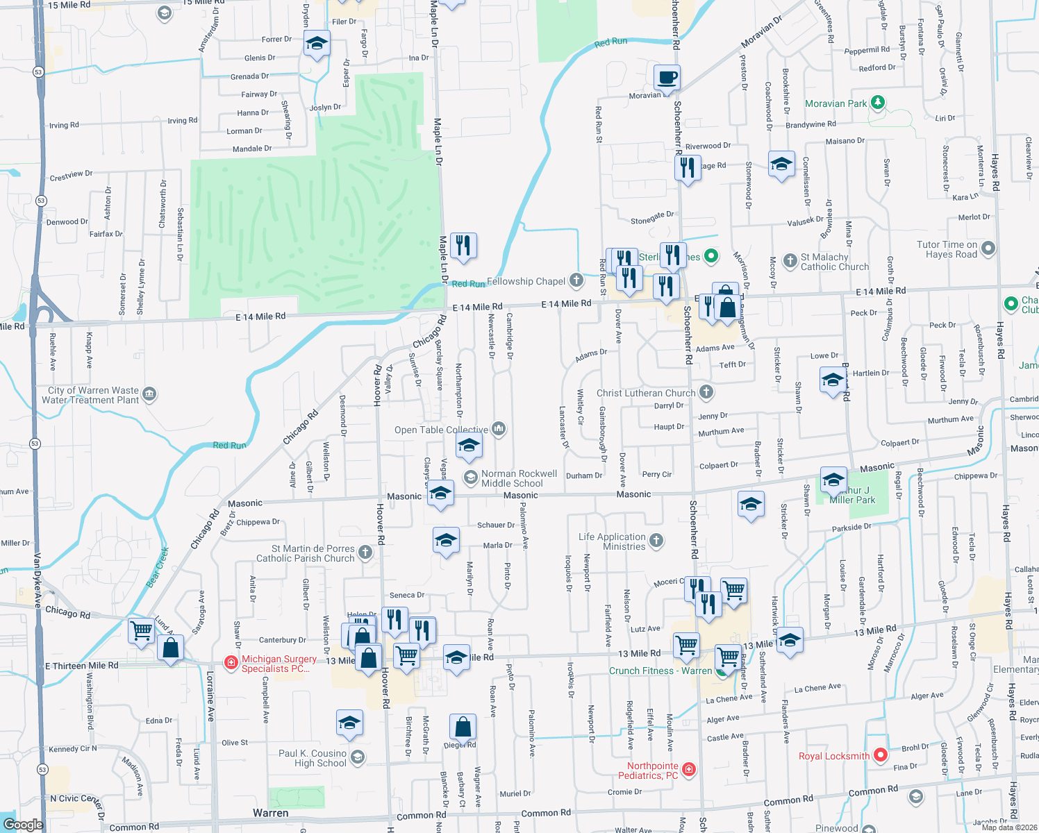 map of restaurants, bars, coffee shops, grocery stores, and more near 32356 Cambridge Drive in Warren