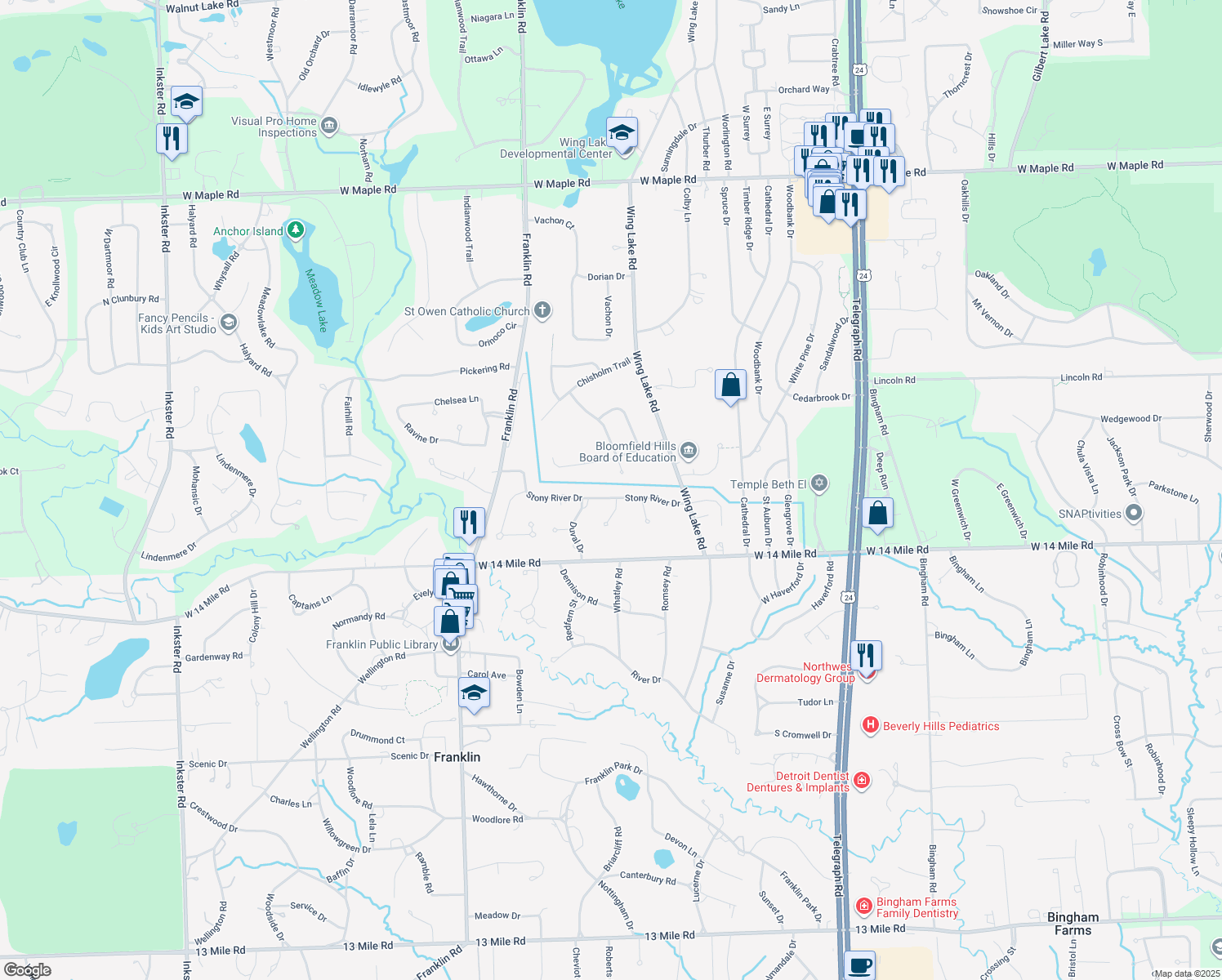 map of restaurants, bars, coffee shops, grocery stores, and more near 4390 Stony River Dr in Bloomfield Hills