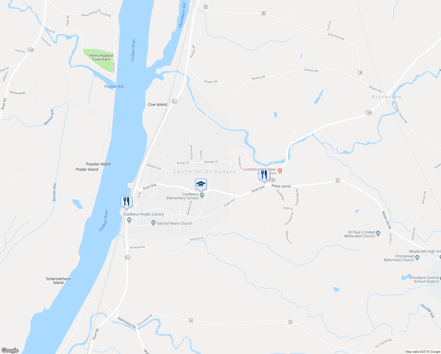 map of restaurants, bars, coffee shops, grocery stores, and more near 78 Seaman Avenue in Castleton-on-Hudson