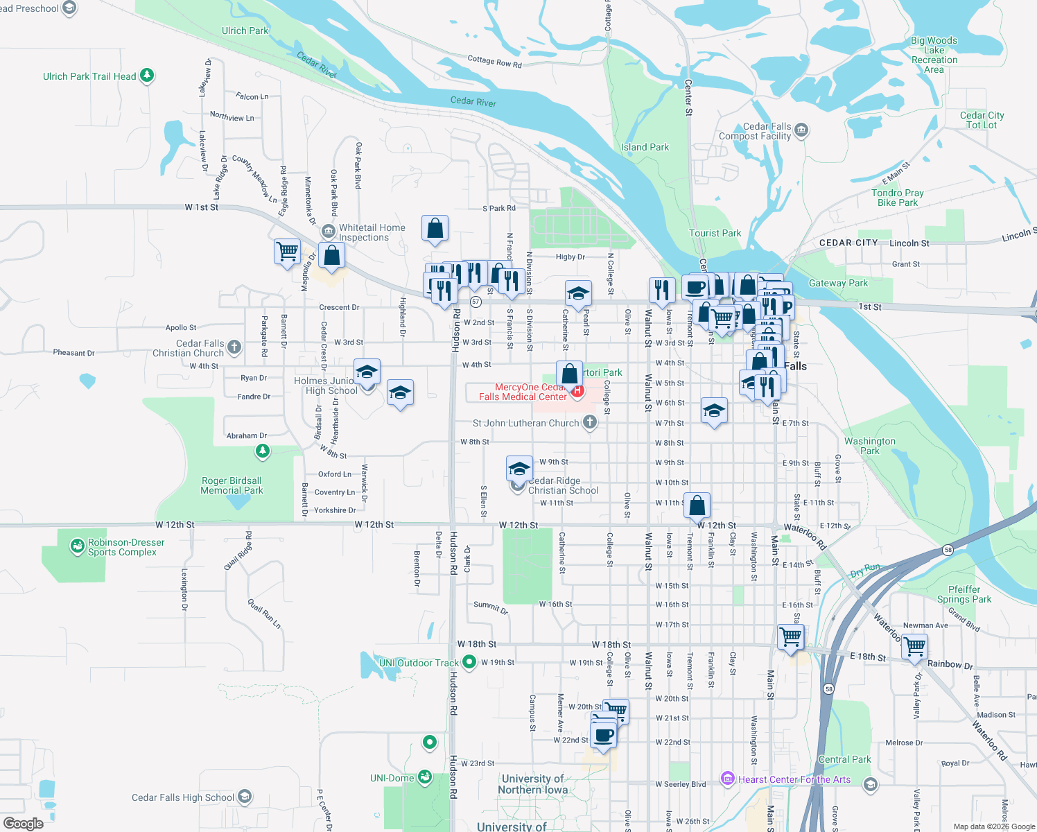map of restaurants, bars, coffee shops, grocery stores, and more near 1319 W 7th St in Cedar Falls