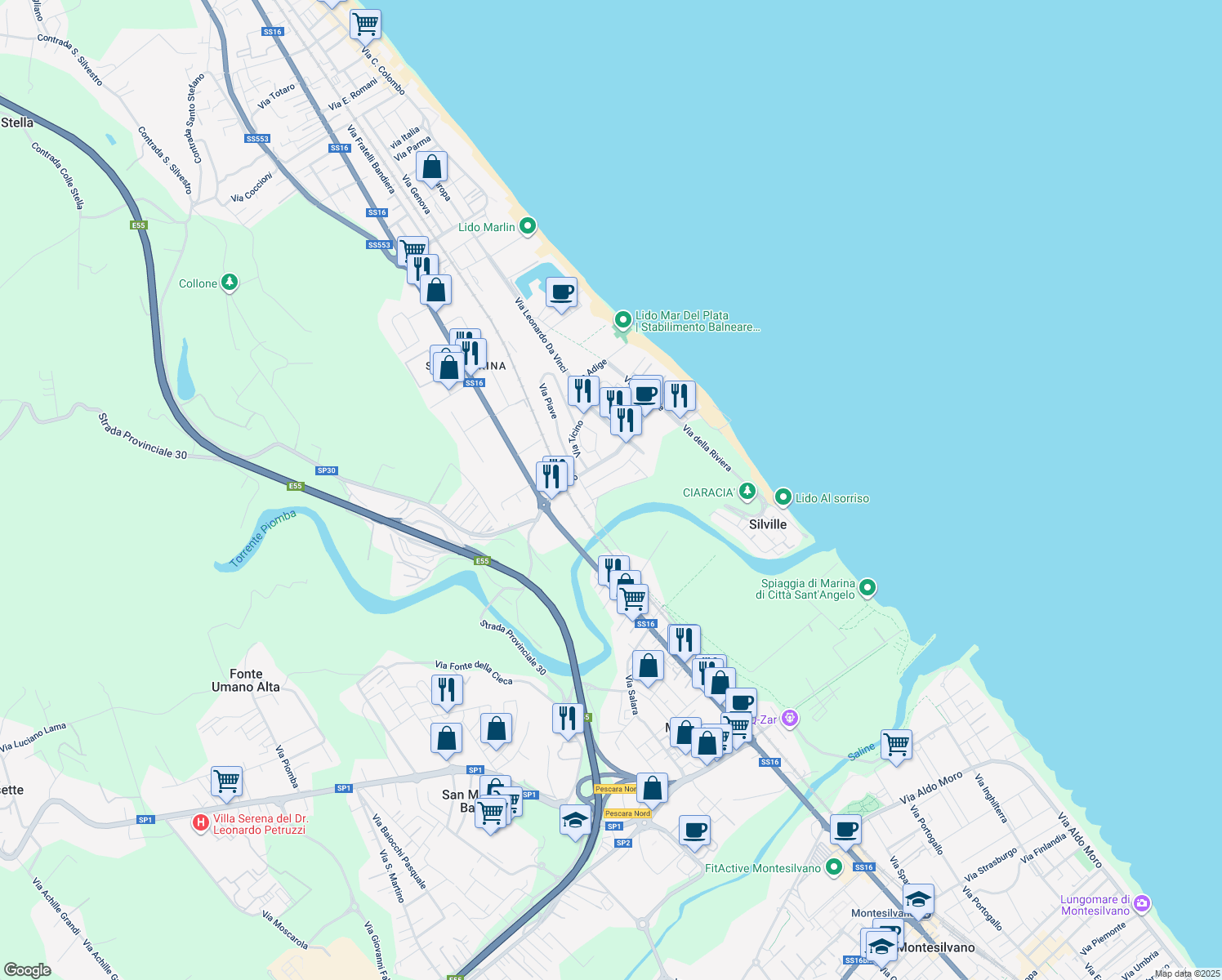 map of restaurants, bars, coffee shops, grocery stores, and more near 162 Via Saline in Silvi