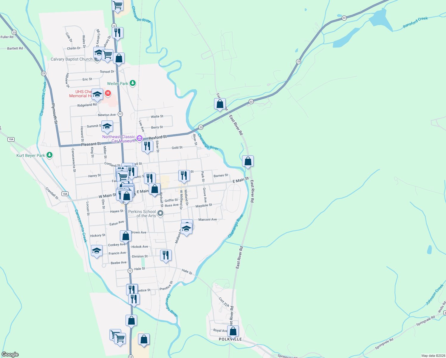 map of restaurants, bars, coffee shops, grocery stores, and more near 157 East Main Street in Norwich