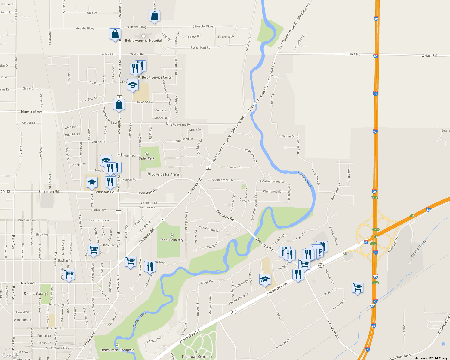 map of restaurants, bars, coffee shops, grocery stores, and more near 2517 Bootmaker Drive North in Beloit