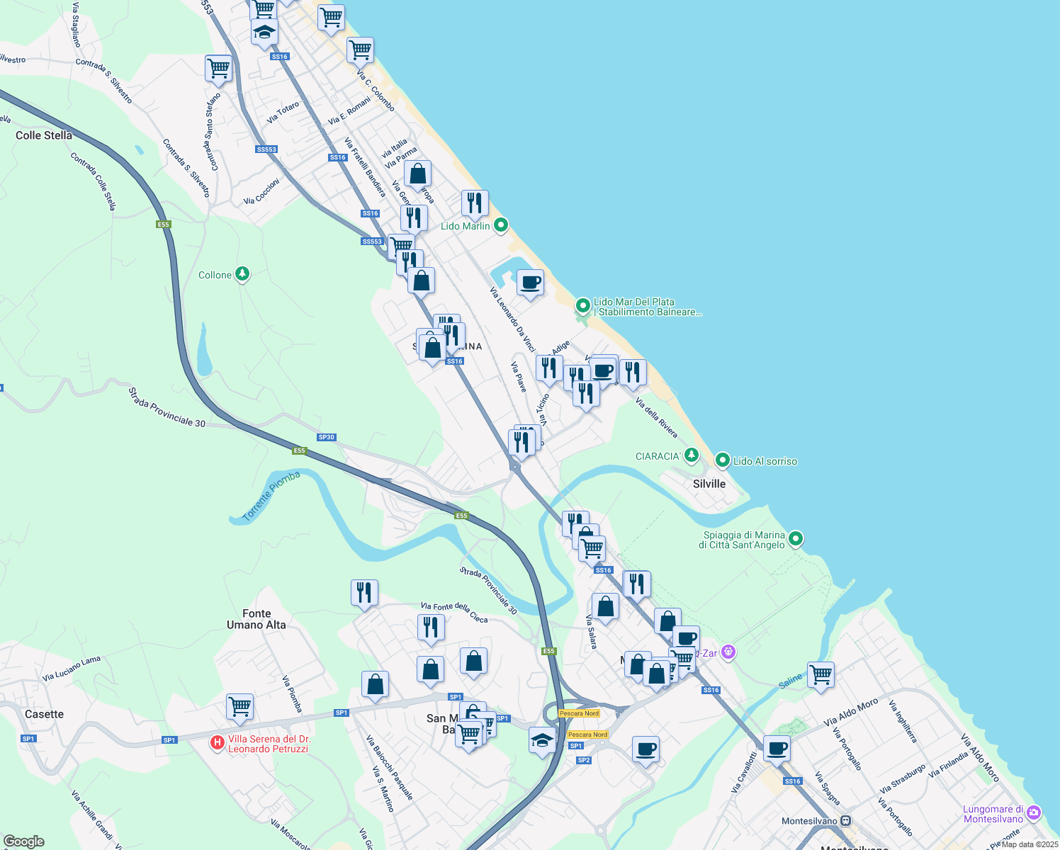 map of restaurants, bars, coffee shops, grocery stores, and more near 44 Via Piave in Silvi
