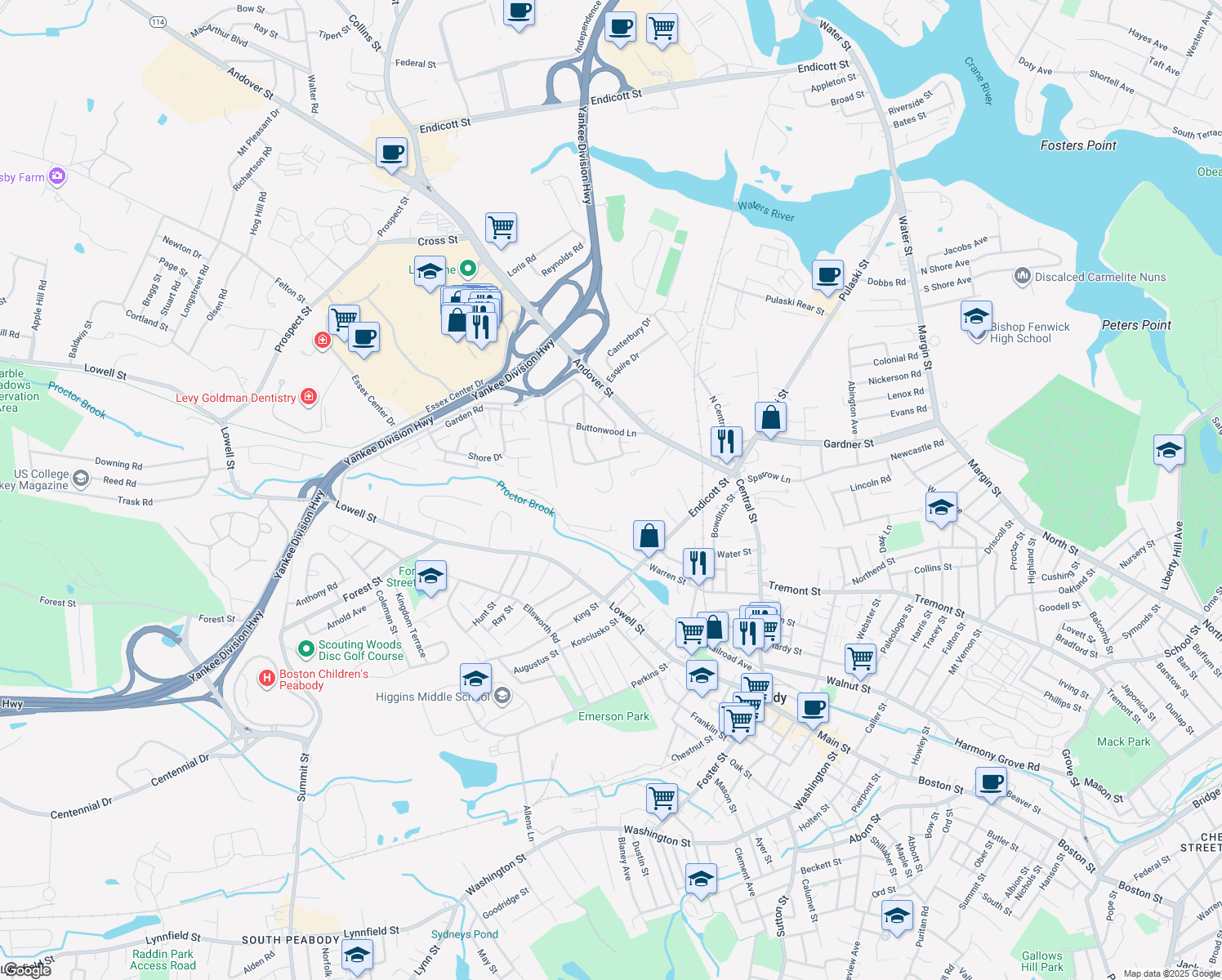 map of restaurants, bars, coffee shops, grocery stores, and more near 9 Jill's Way in Peabody