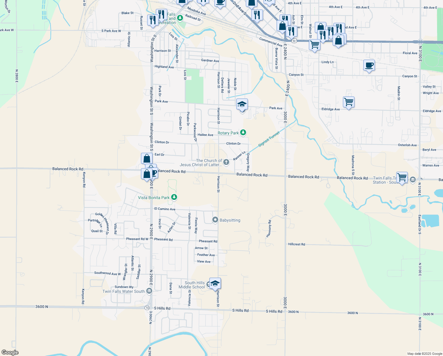 map of restaurants, bars, coffee shops, grocery stores, and more near 524 Orchard Drive in Twin Falls