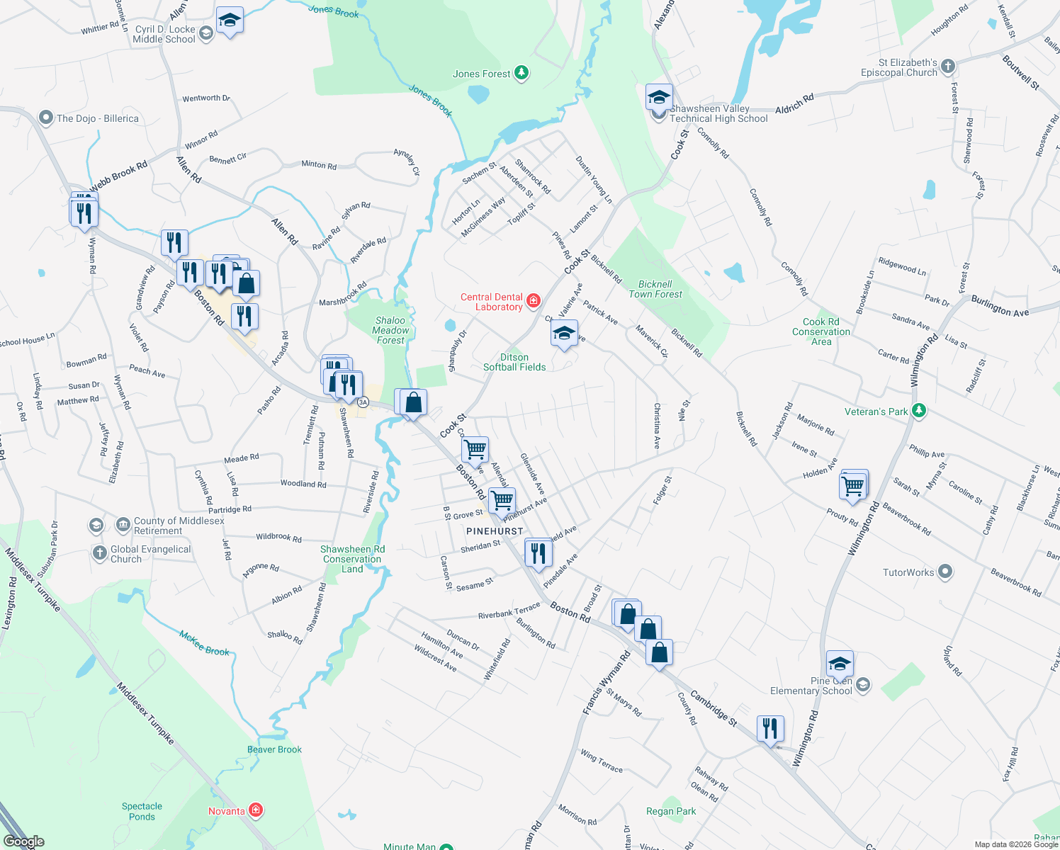 map of restaurants, bars, coffee shops, grocery stores, and more near 18 Ridgeway Ave in Billerica