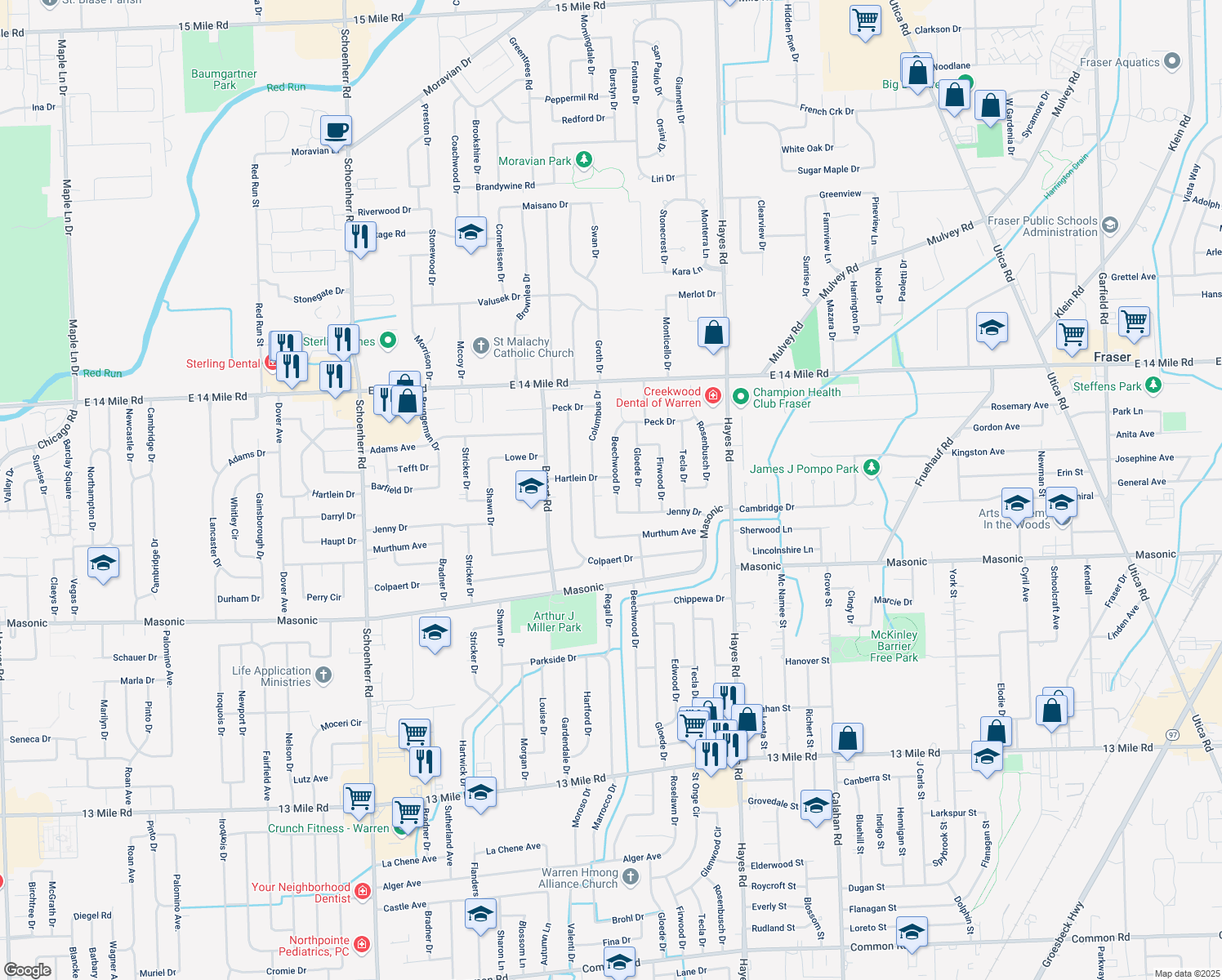 map of restaurants, bars, coffee shops, grocery stores, and more near 32403 Beechwood Dr in Warren