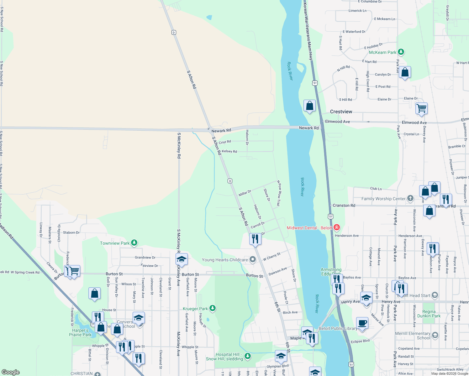 map of restaurants, bars, coffee shops, grocery stores, and more near 2281 South Afton Road in Beloit