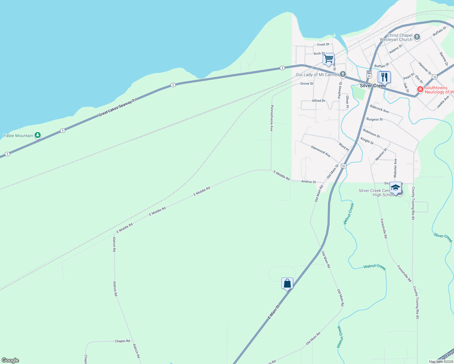 map of restaurants, bars, coffee shops, grocery stores, and more near 1913 Middle Road in Silver Creek