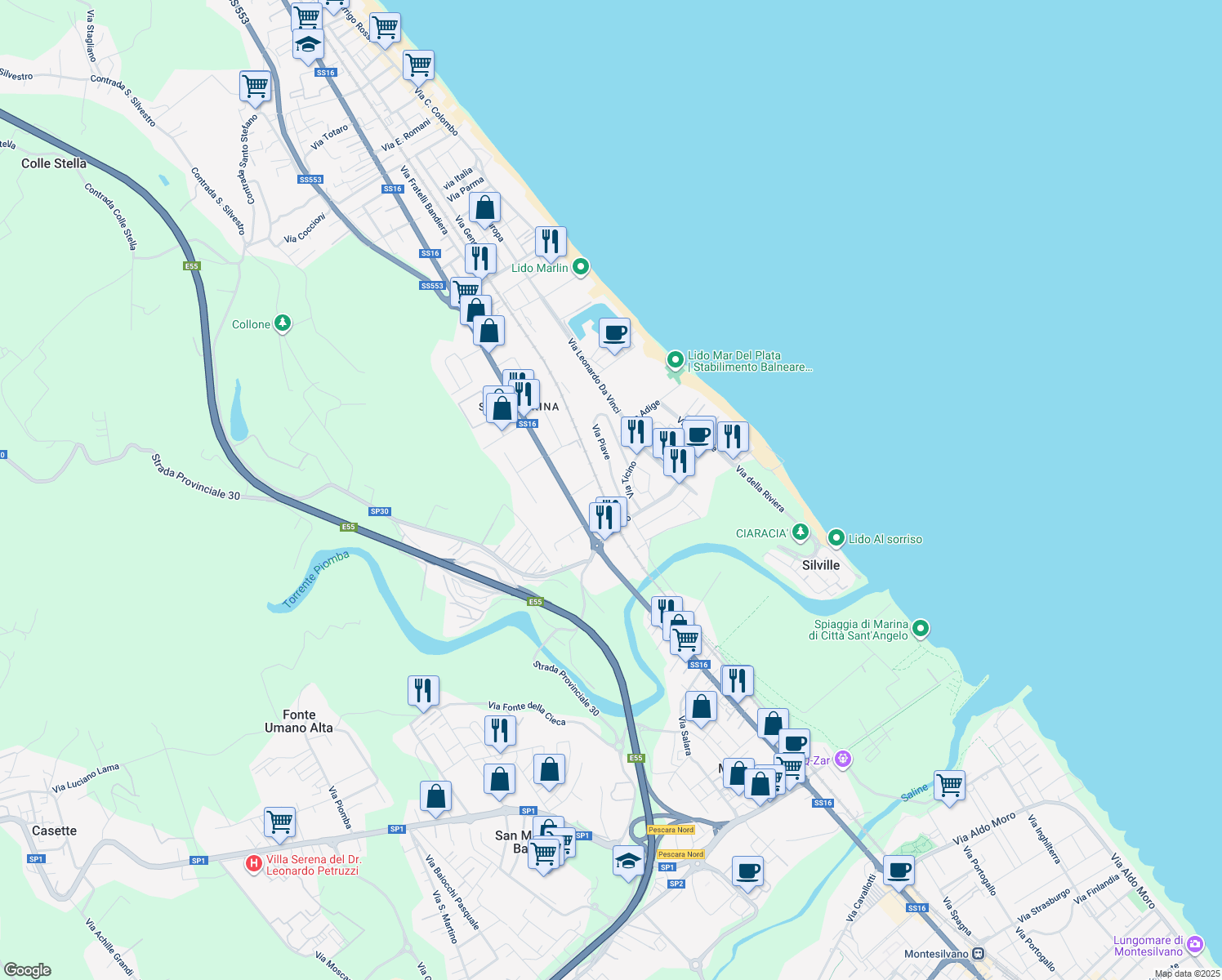map of restaurants, bars, coffee shops, grocery stores, and more near 44 Via Piave in Silvi