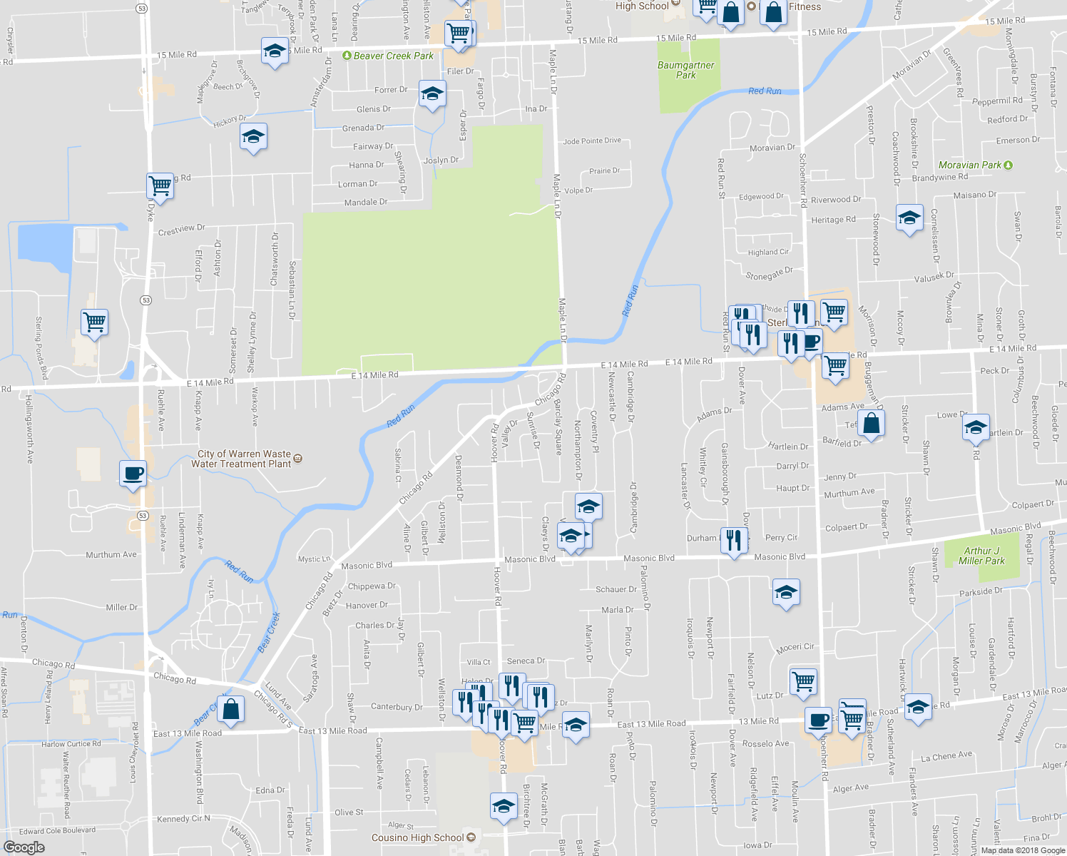 map of restaurants, bars, coffee shops, grocery stores, and more near 32708 Sunrise Drive in Warren