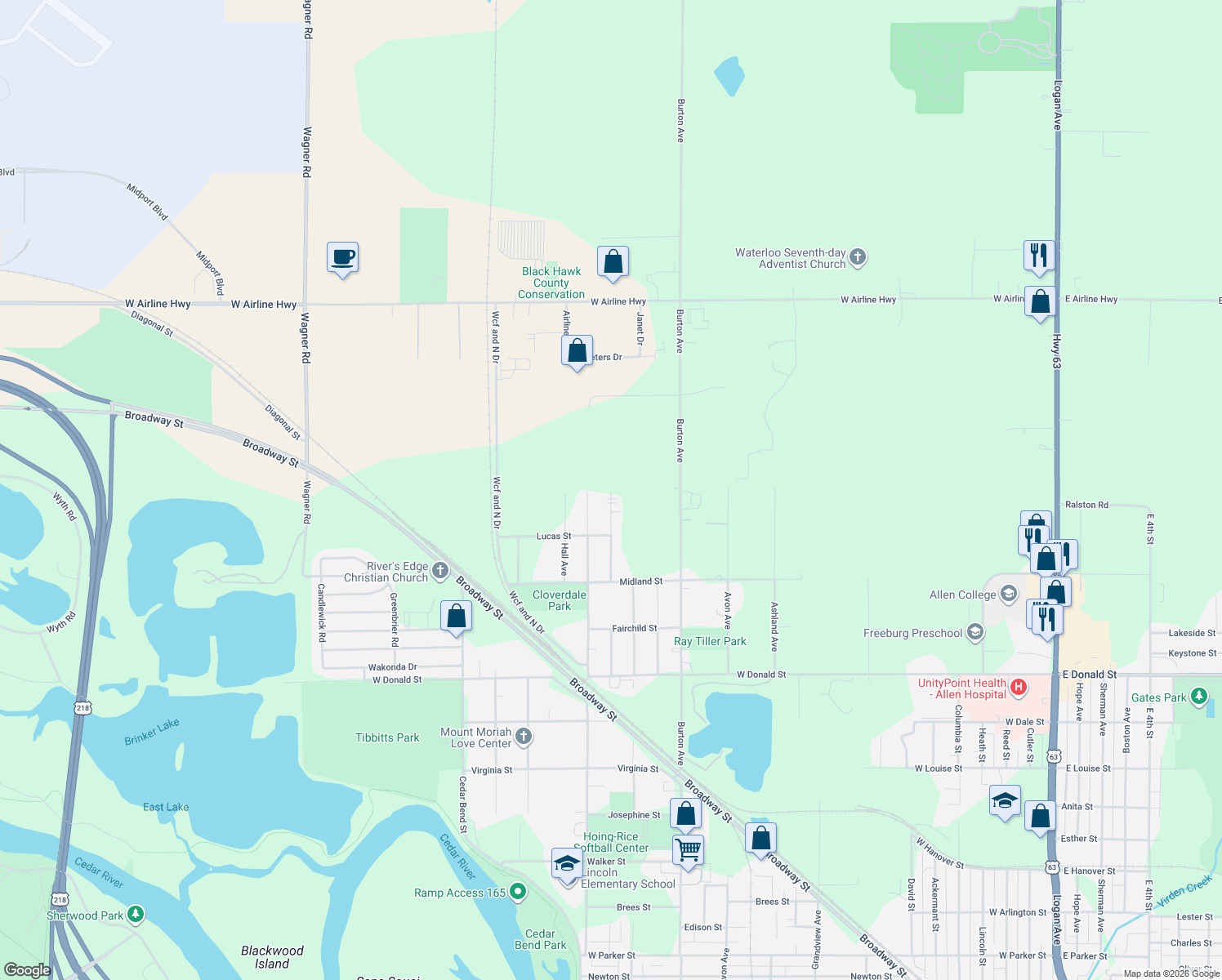 map of restaurants, bars, coffee shops, grocery stores, and more near 899 Cloverdale Ave in Waterloo