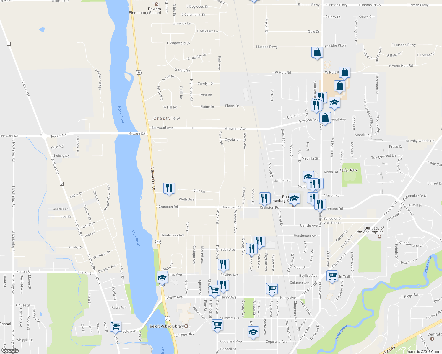 map of restaurants, bars, coffee shops, grocery stores, and more near 2346 Park Avenue in Beloit