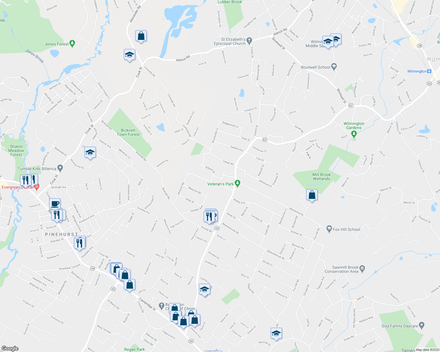 map of restaurants, bars, coffee shops, grocery stores, and more near 2 Martin Street in Burlington