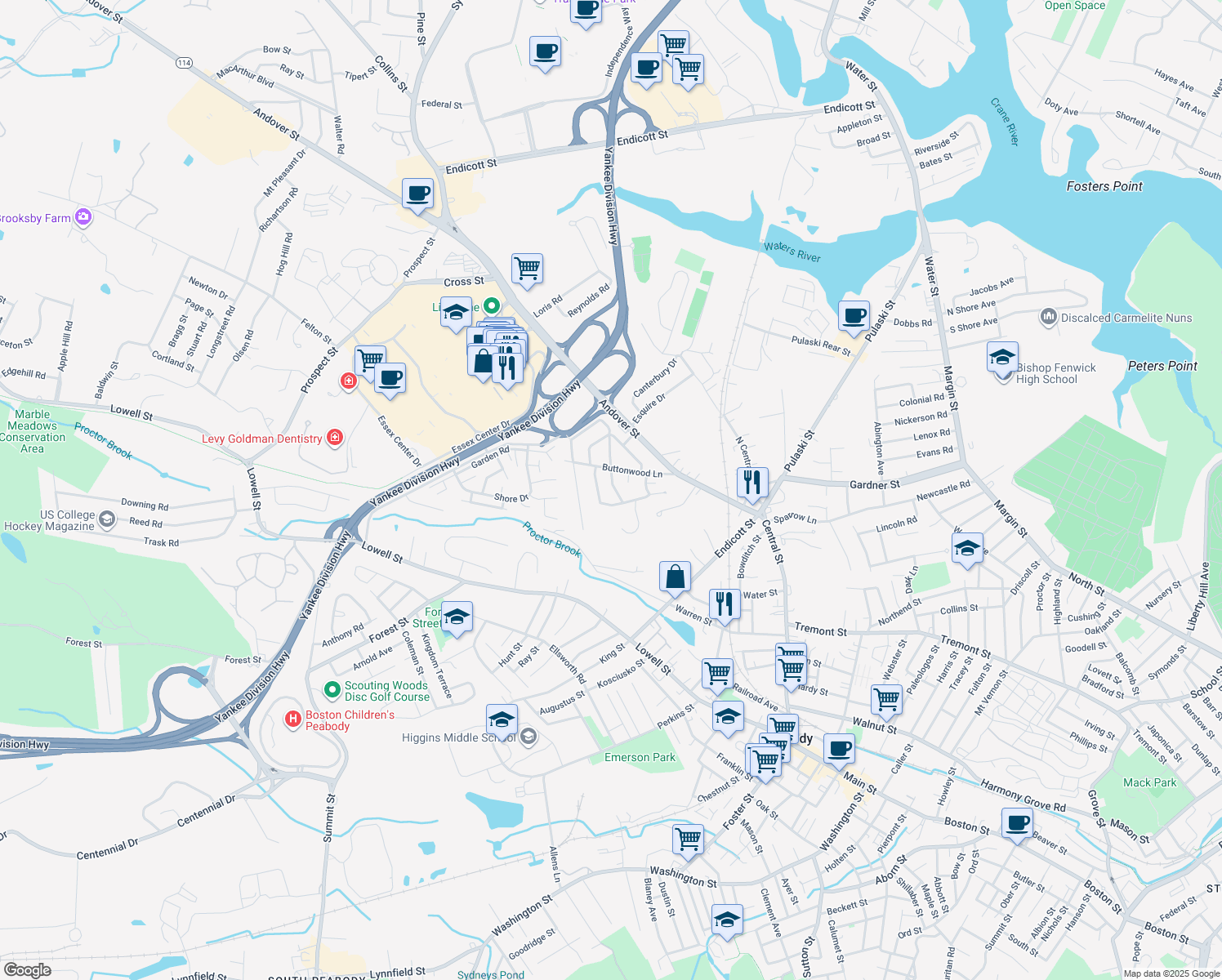 map of restaurants, bars, coffee shops, grocery stores, and more near 4 Rawding Road in Peabody