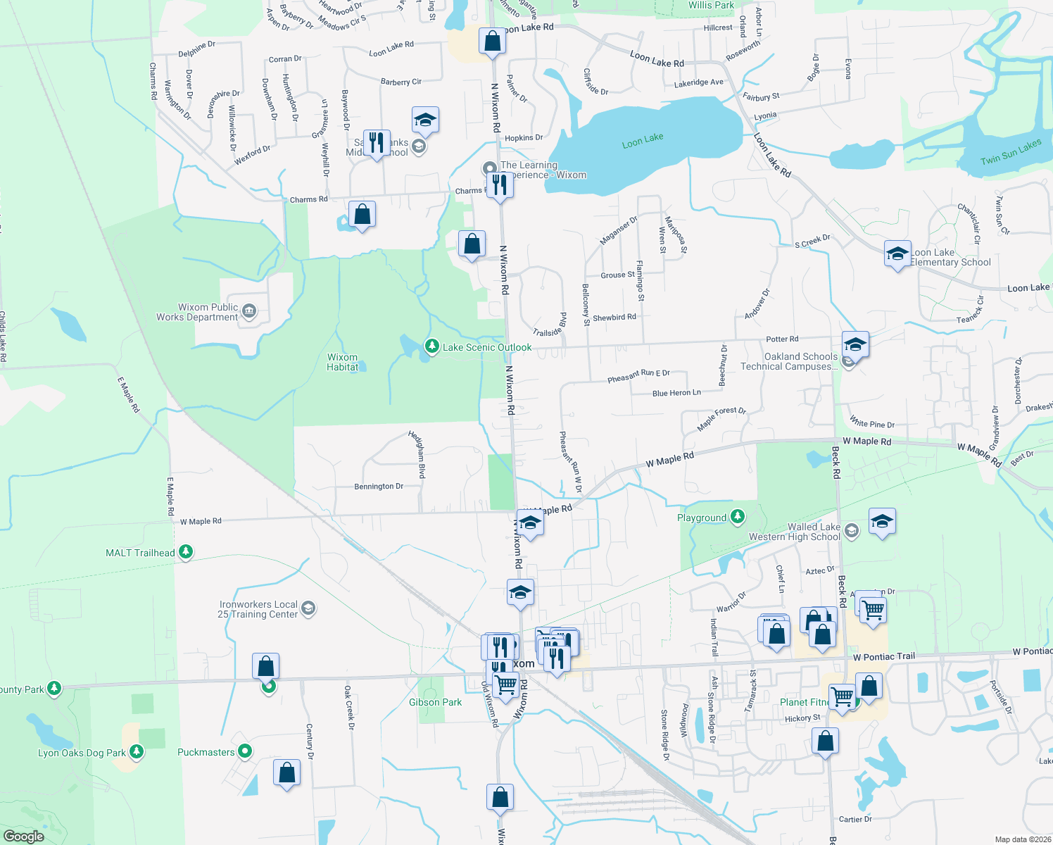 map of restaurants, bars, coffee shops, grocery stores, and more near 992 North Wixom Road in Wixom