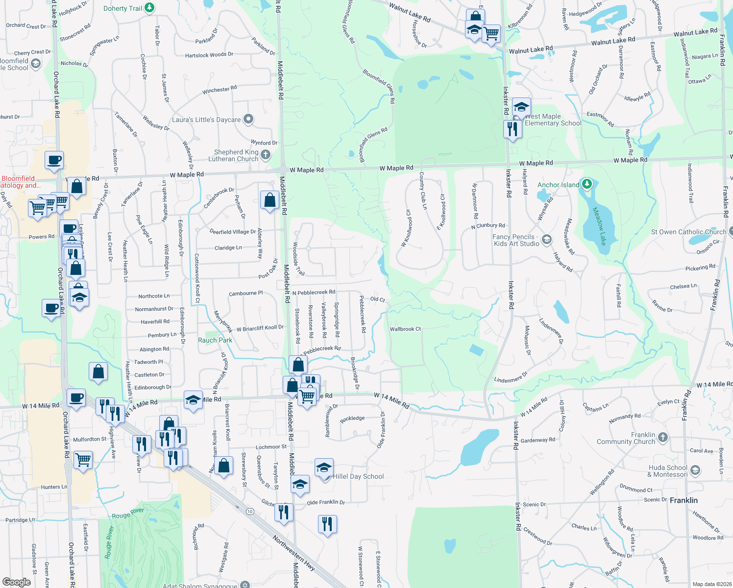 map of restaurants, bars, coffee shops, grocery stores, and more near 7075 Pebblecreek Road in West Bloomfield Township