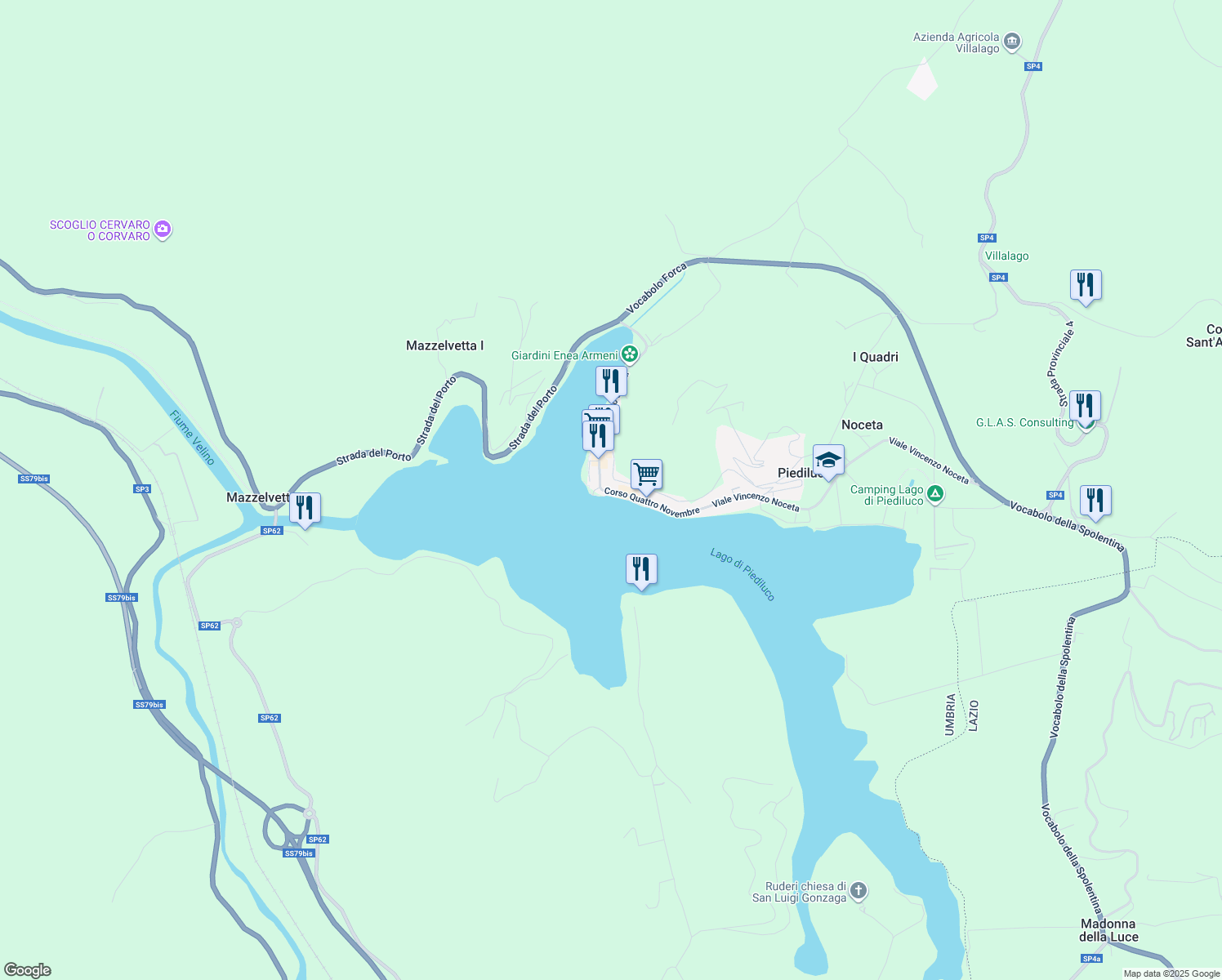 map of restaurants, bars, coffee shops, grocery stores, and more near 69 Corso Raniero Salvati in Piediluco