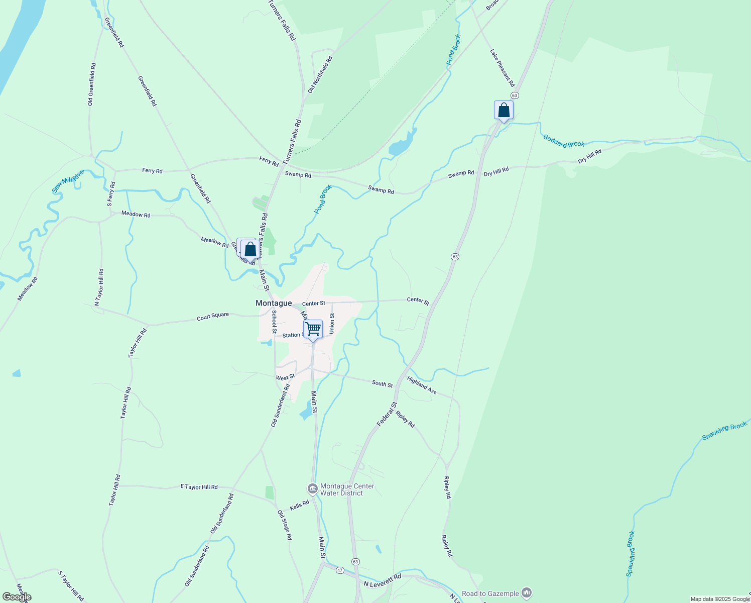 map of restaurants, bars, coffee shops, grocery stores, and more near 52 Center St in Montague