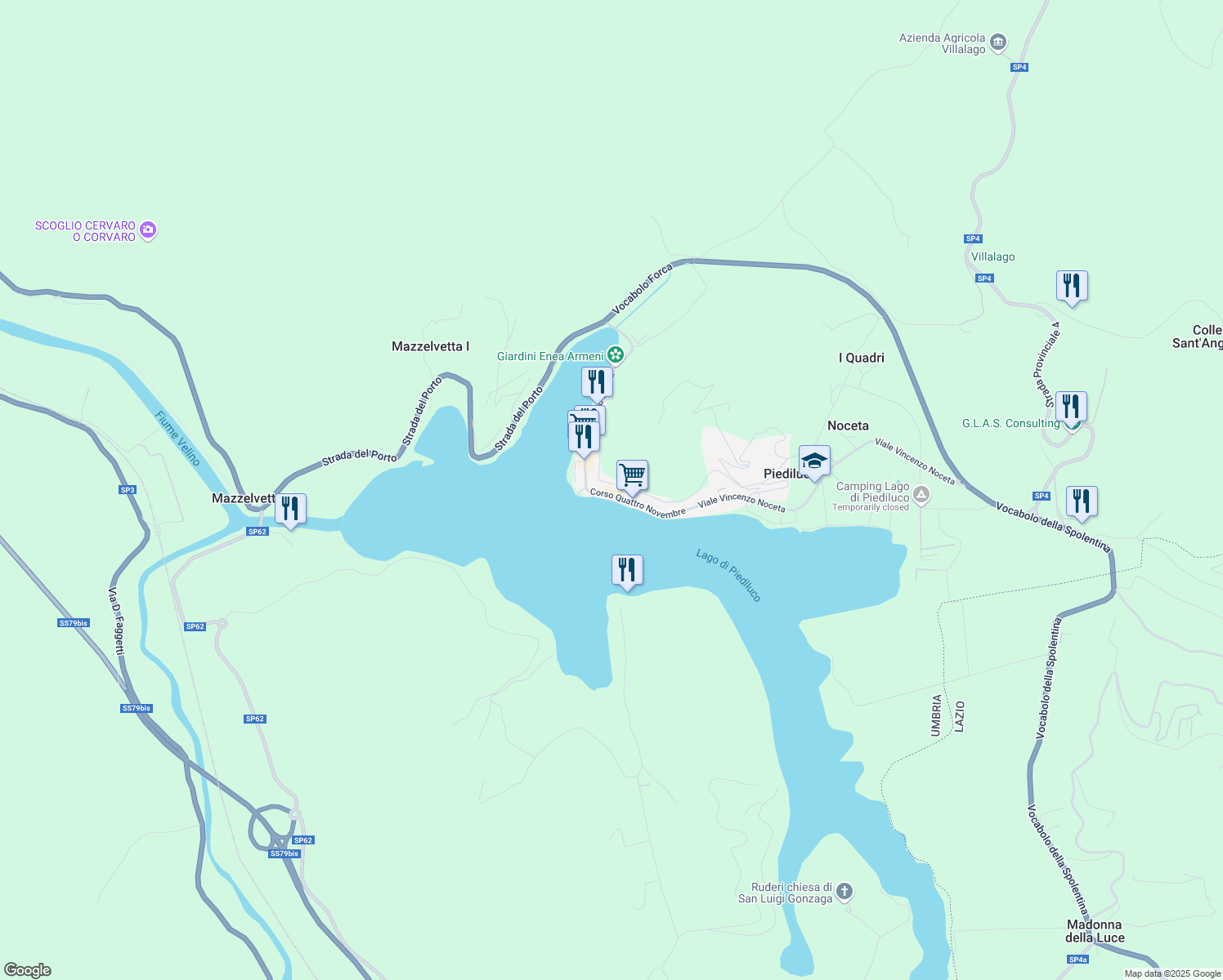 map of restaurants, bars, coffee shops, grocery stores, and more near 39 Corso Quattro Novembre in Piediluco