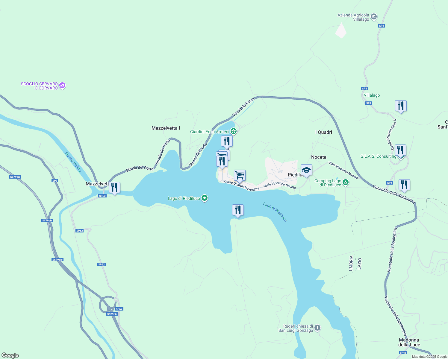 map of restaurants, bars, coffee shops, grocery stores, and more near 69 Corso Raniero Salvati in Piediluco