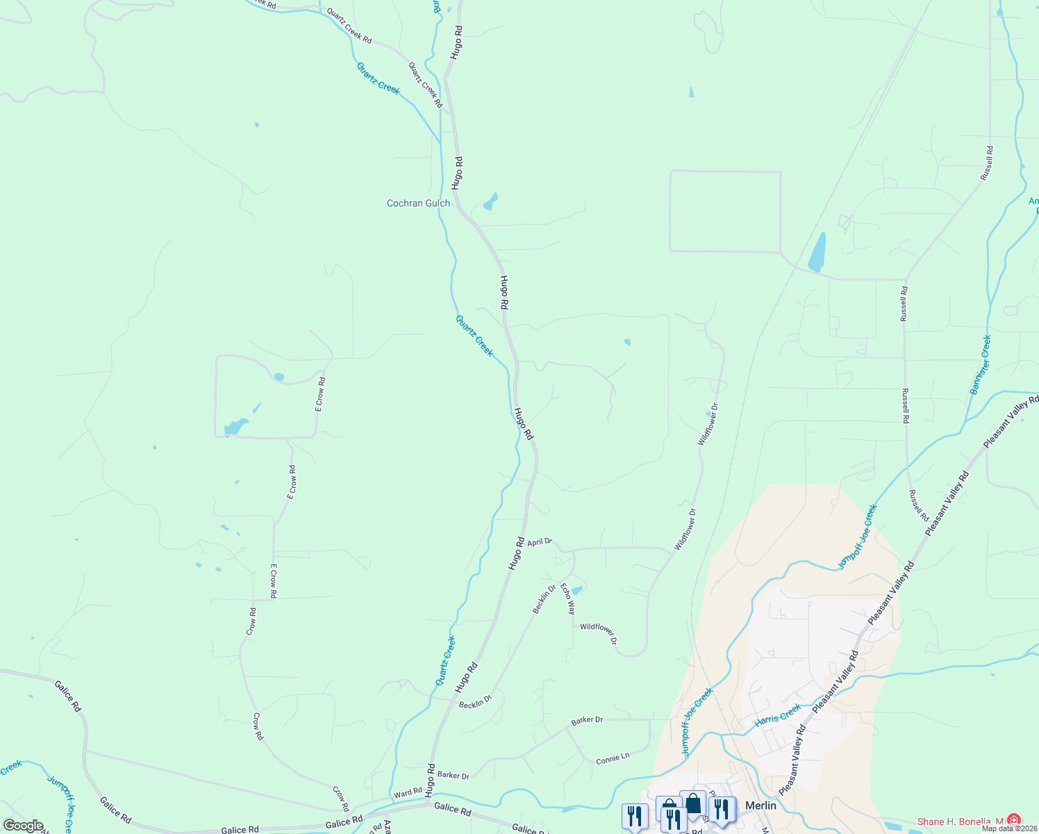 map of restaurants, bars, coffee shops, grocery stores, and more near 1956 Hugo Road in Merlin