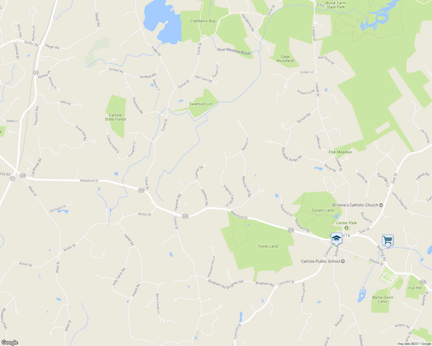 map of restaurants, bars, coffee shops, grocery stores, and more near 183 Virginia Farme Lane in Carlisle