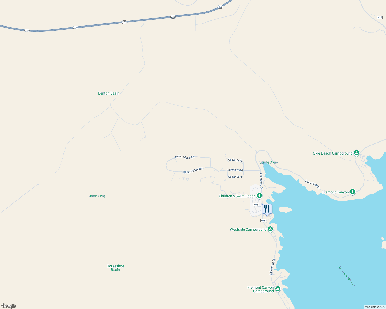 map of restaurants, bars, coffee shops, grocery stores, and more near 25980 W Cedar Mesa in Alcova