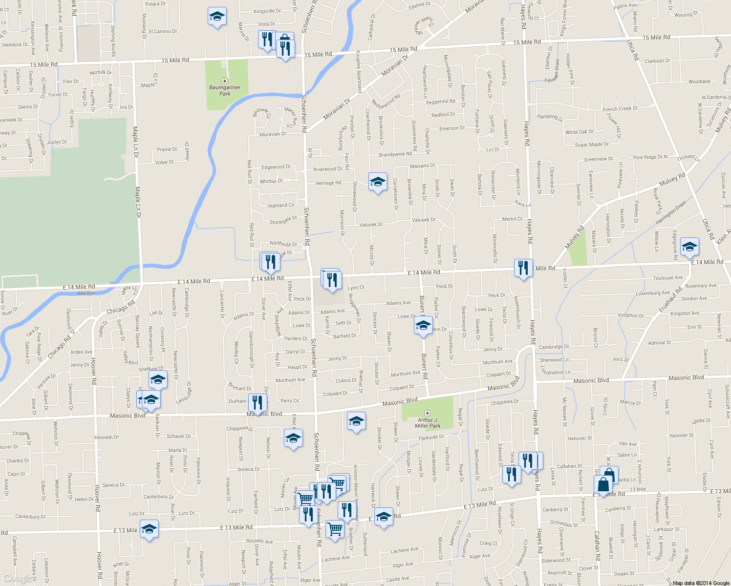 map of restaurants, bars, coffee shops, grocery stores, and more near 13988 Lynn Court in Warren