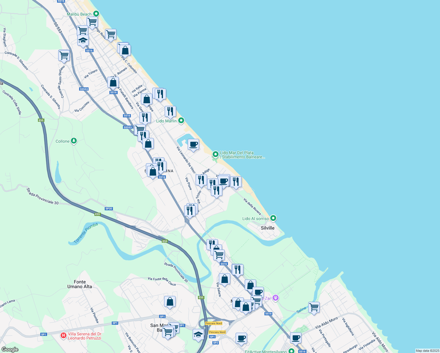 map of restaurants, bars, coffee shops, grocery stores, and more near 11 Viale Tevere in Silvi