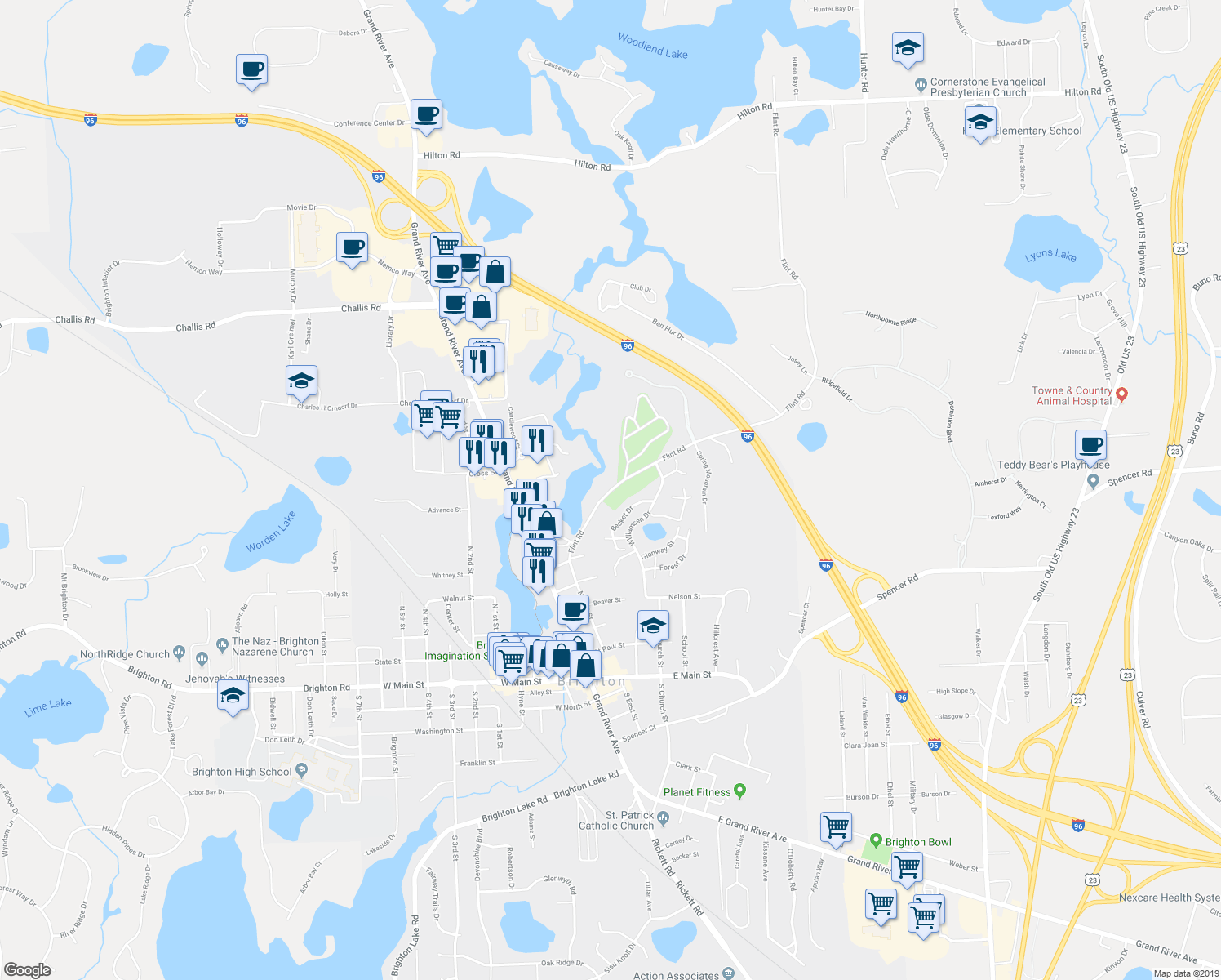 map of restaurants, bars, coffee shops, grocery stores, and more near 9880 East Grand River Avenue in Brighton