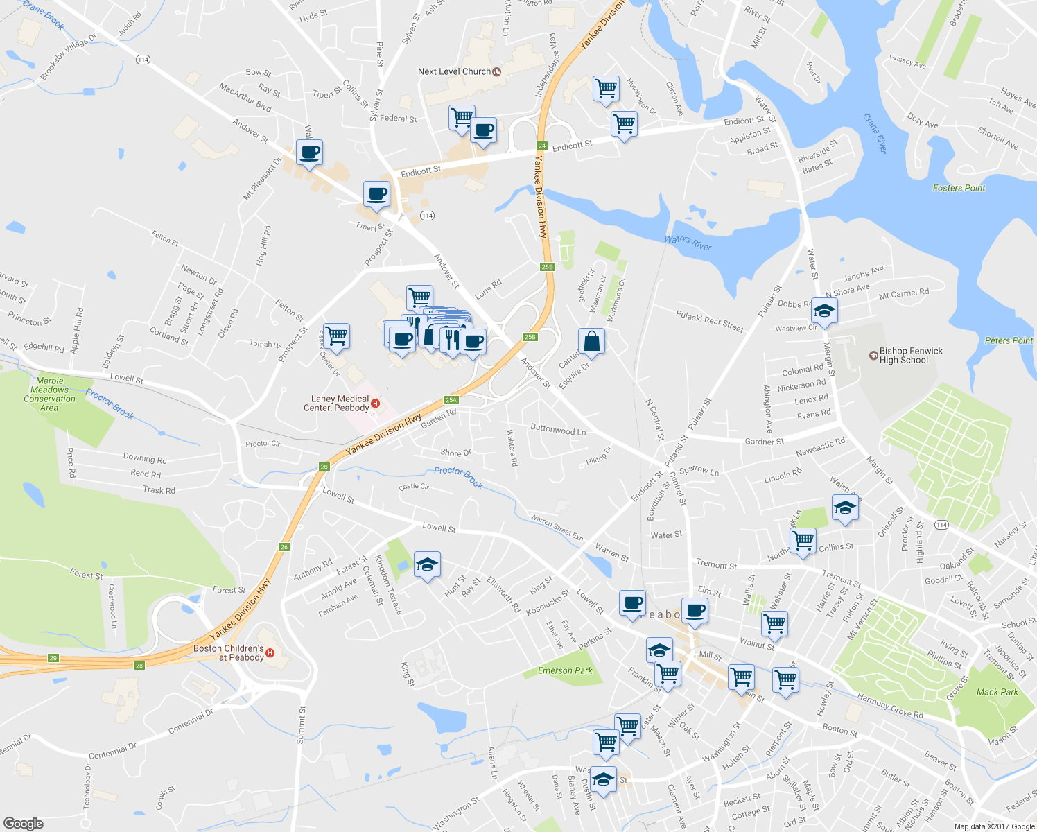 map of restaurants, bars, coffee shops, grocery stores, and more near 23 Violet Rd in Peabody