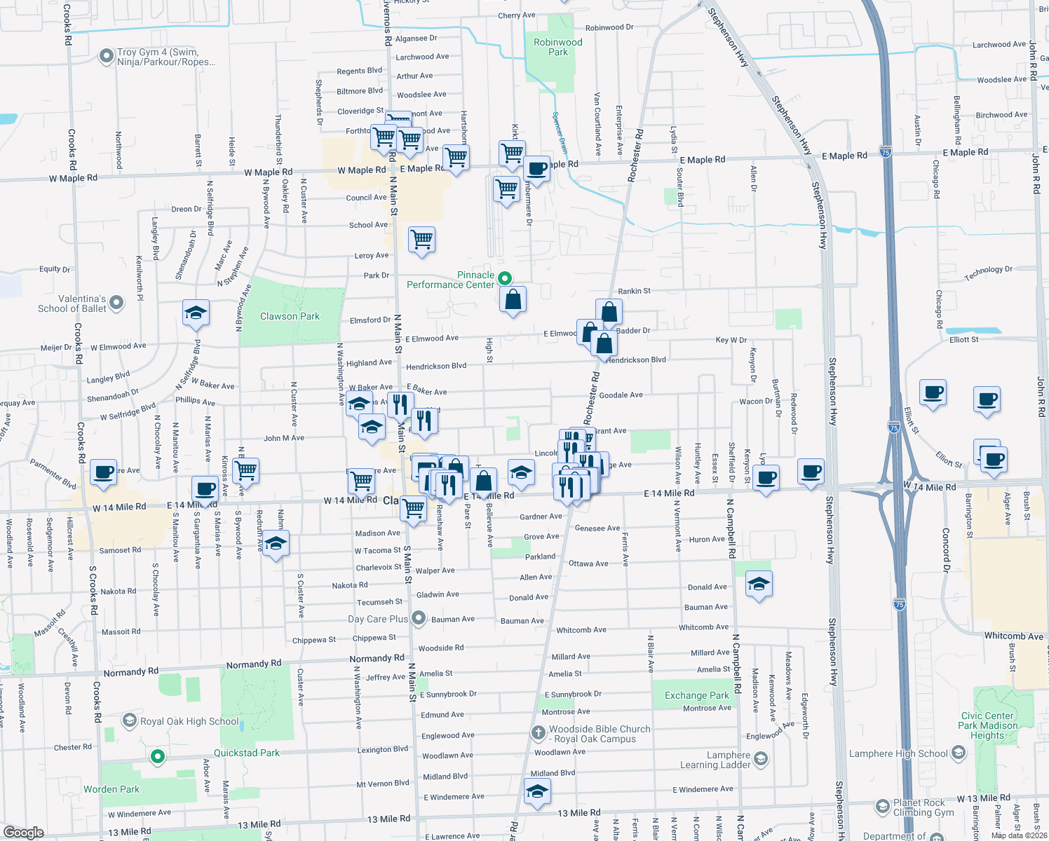 map of restaurants, bars, coffee shops, grocery stores, and more near 561 Lerner Avenue in Clawson