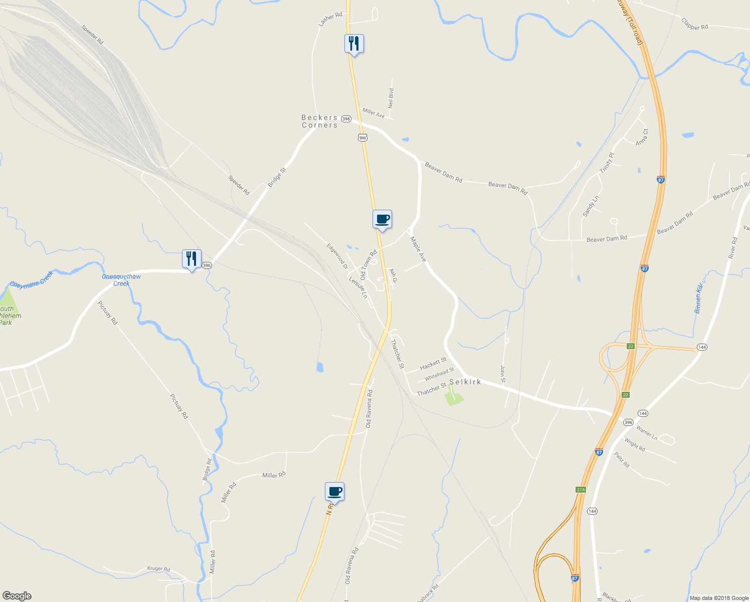 map of restaurants, bars, coffee shops, grocery stores, and more near 60 Old Town Road in Selkirk