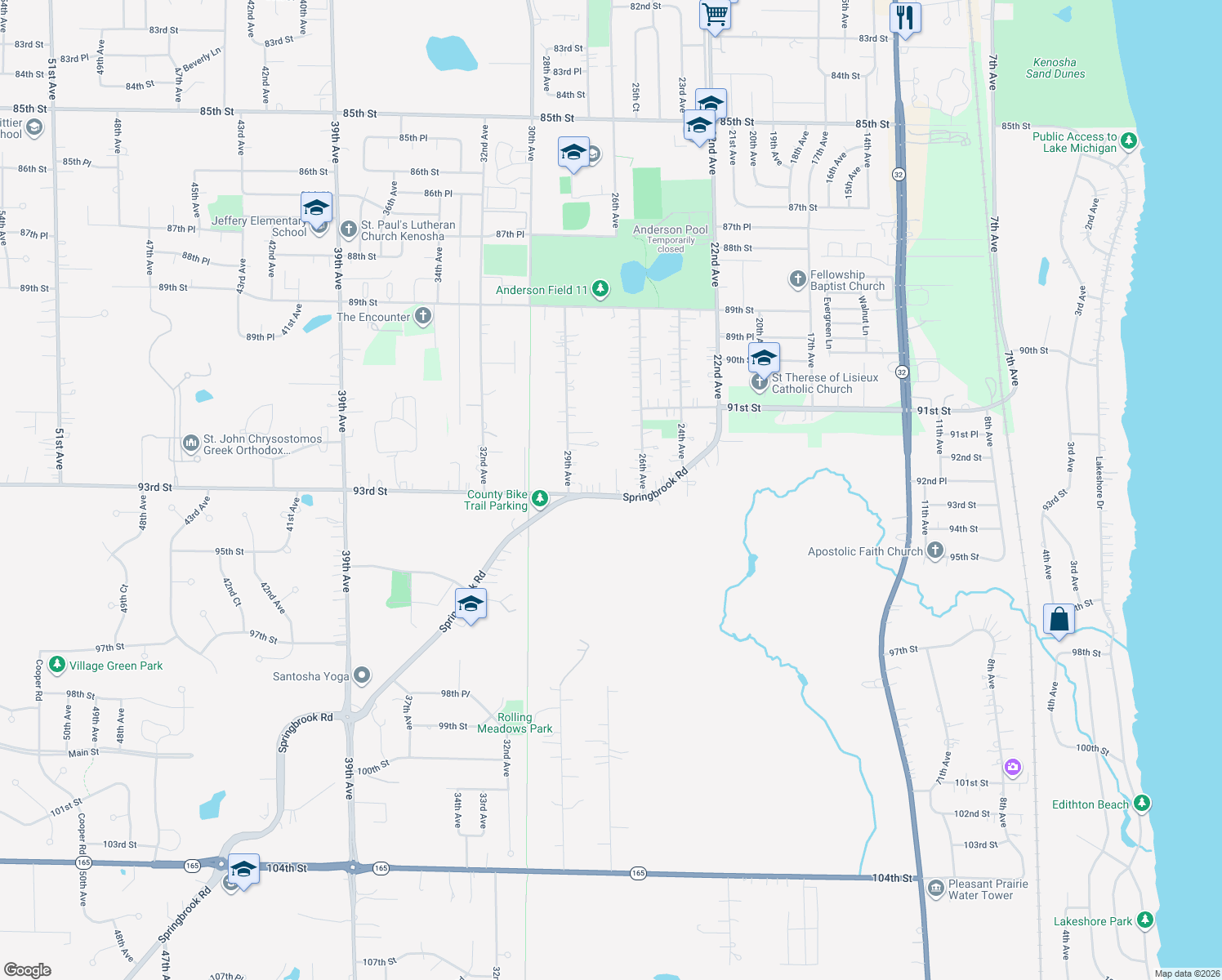 map of restaurants, bars, coffee shops, grocery stores, and more near 2702 Springbrook Road in Pleasant Prairie
