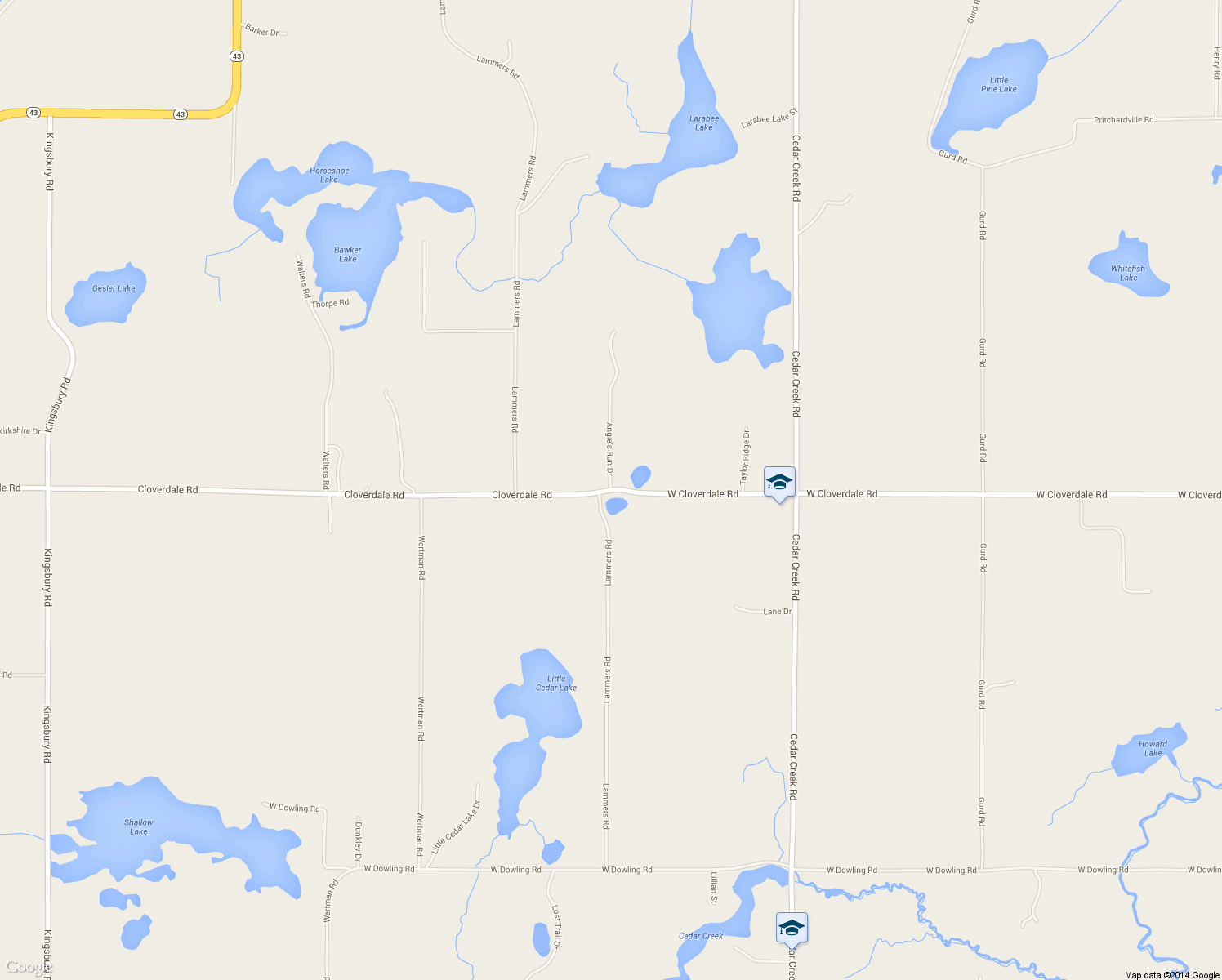 map of restaurants, bars, coffee shops, grocery stores, and more near 3151 West Cloverdale Road in Delton