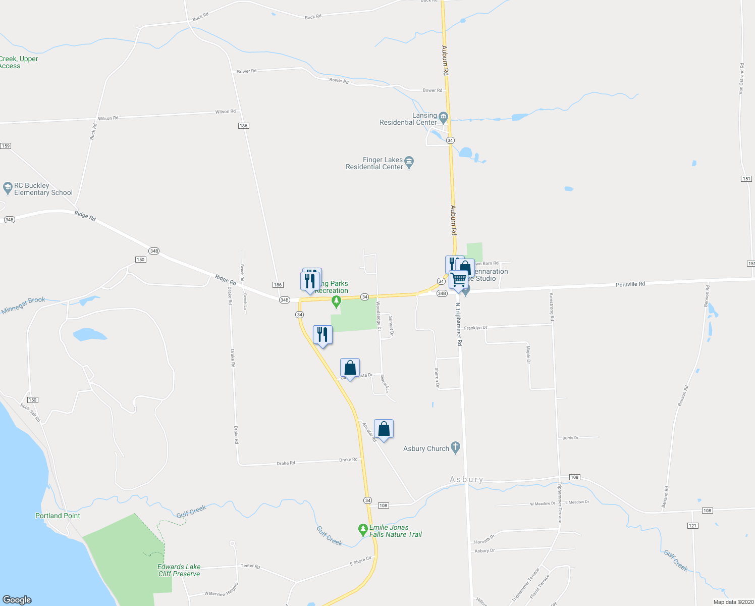 map of restaurants, bars, coffee shops, grocery stores, and more near 34 Woodsedge Drive in Lansing