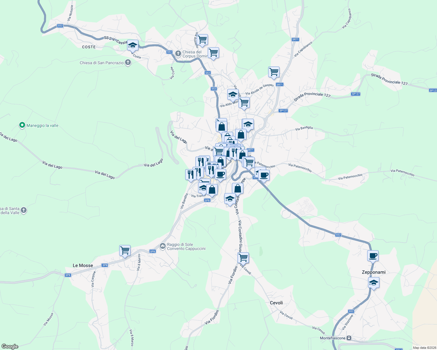 map of restaurants, bars, coffee shops, grocery stores, and more near 37 Corso Cavour in Bolsena