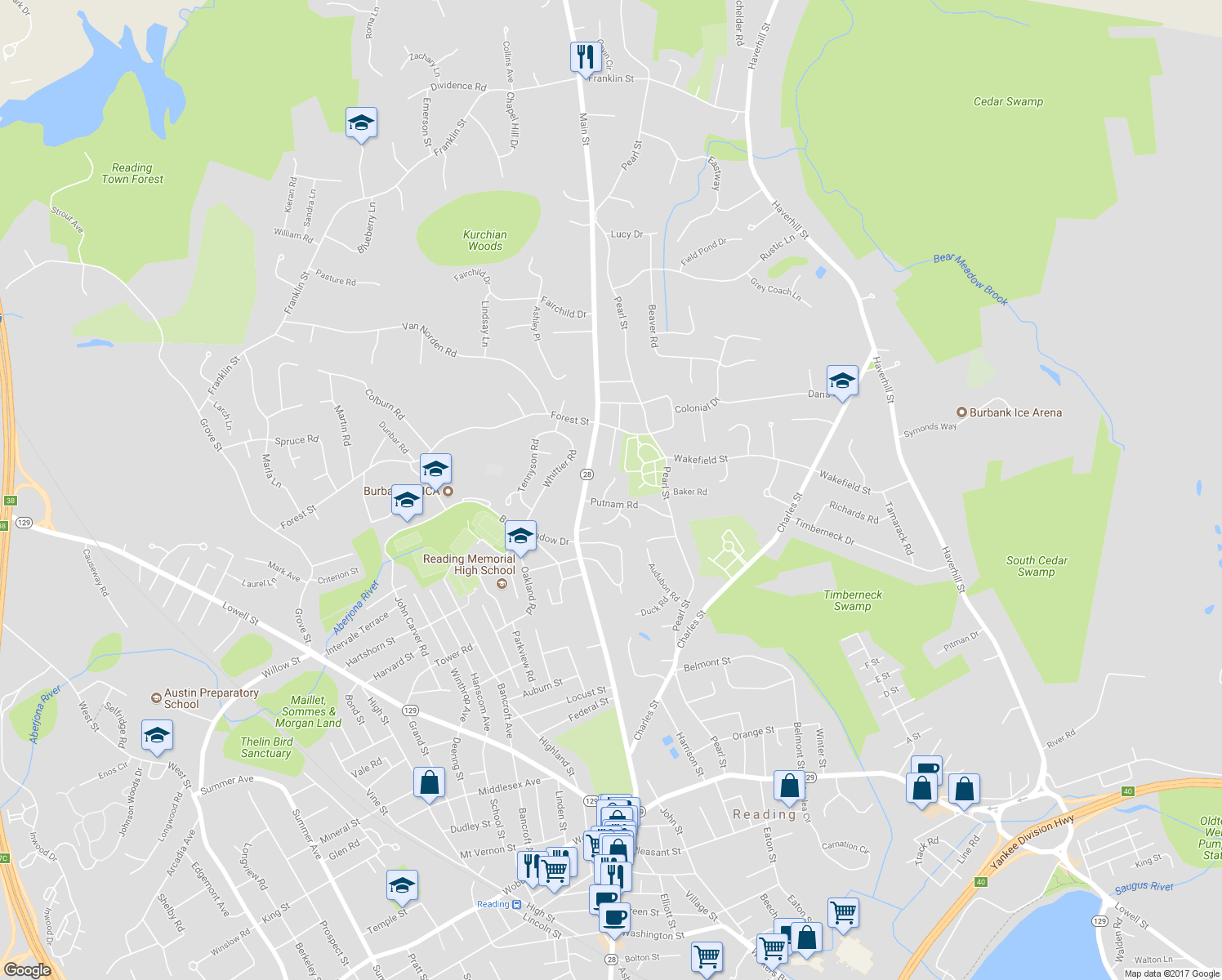map of restaurants, bars, coffee shops, grocery stores, and more near 11 Reading Terrace in Reading