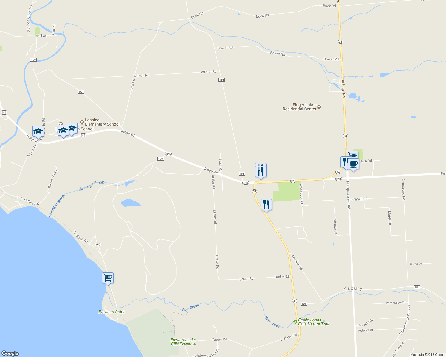 map of restaurants, bars, coffee shops, grocery stores, and more near 47 Ridge Road in Lansing