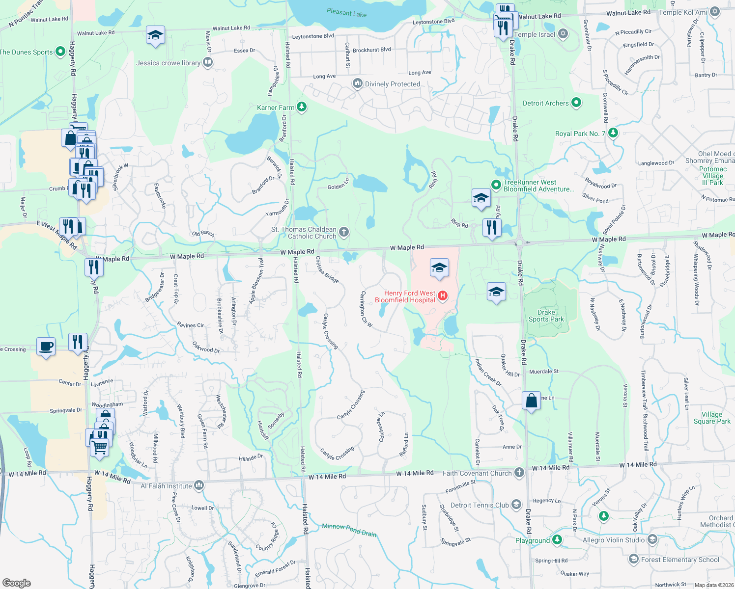 map of restaurants, bars, coffee shops, grocery stores, and more near 6900 Carrington Circle West in West Bloomfield Township