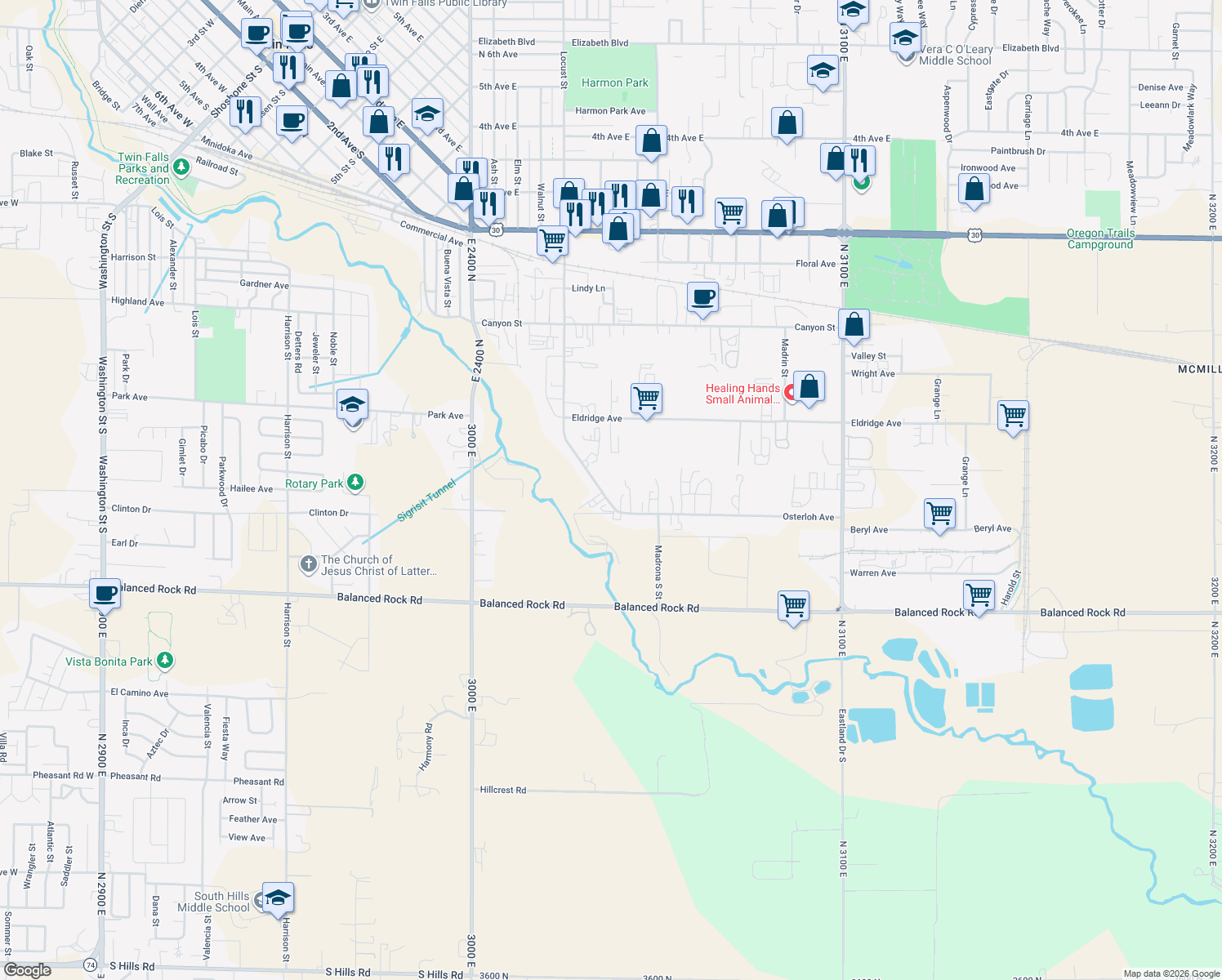 map of restaurants, bars, coffee shops, grocery stores, and more near 657 Locust St S in Twin Falls