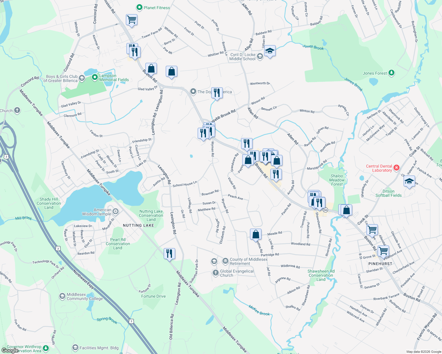 map of restaurants, bars, coffee shops, grocery stores, and more near 28 Wyman Road in Billerica