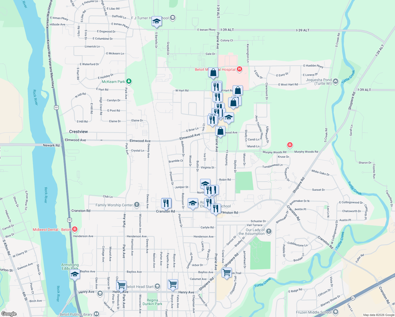 map of restaurants, bars, coffee shops, grocery stores, and more near 2433 Butlin Drive in Beloit