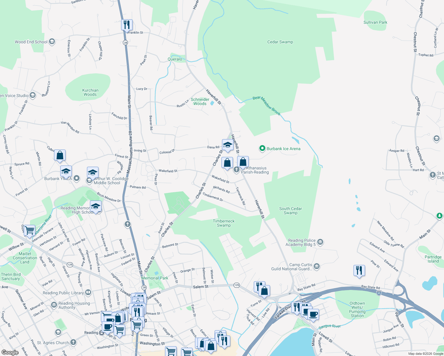 map of restaurants, bars, coffee shops, grocery stores, and more near 53 Wakefield Street in Reading