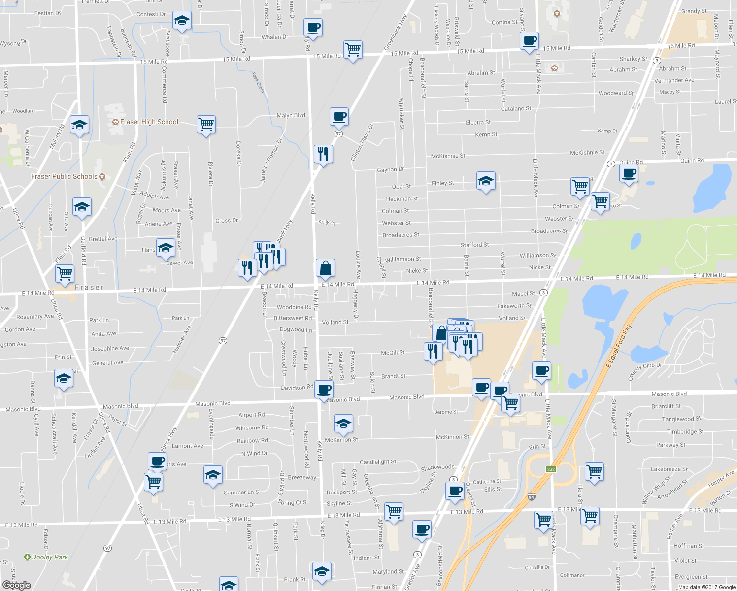map of restaurants, bars, coffee shops, grocery stores, and more near 18906 East 14 Mile Road in Roseville