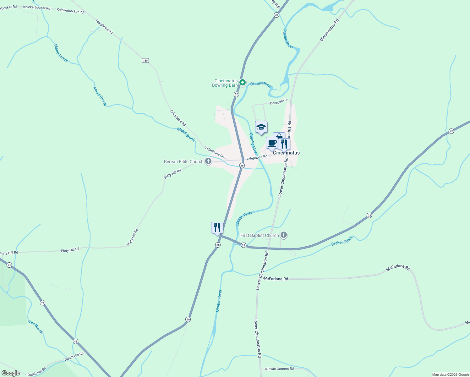 map of restaurants, bars, coffee shops, grocery stores, and more near 2717 New York 26 in Cincinnatus